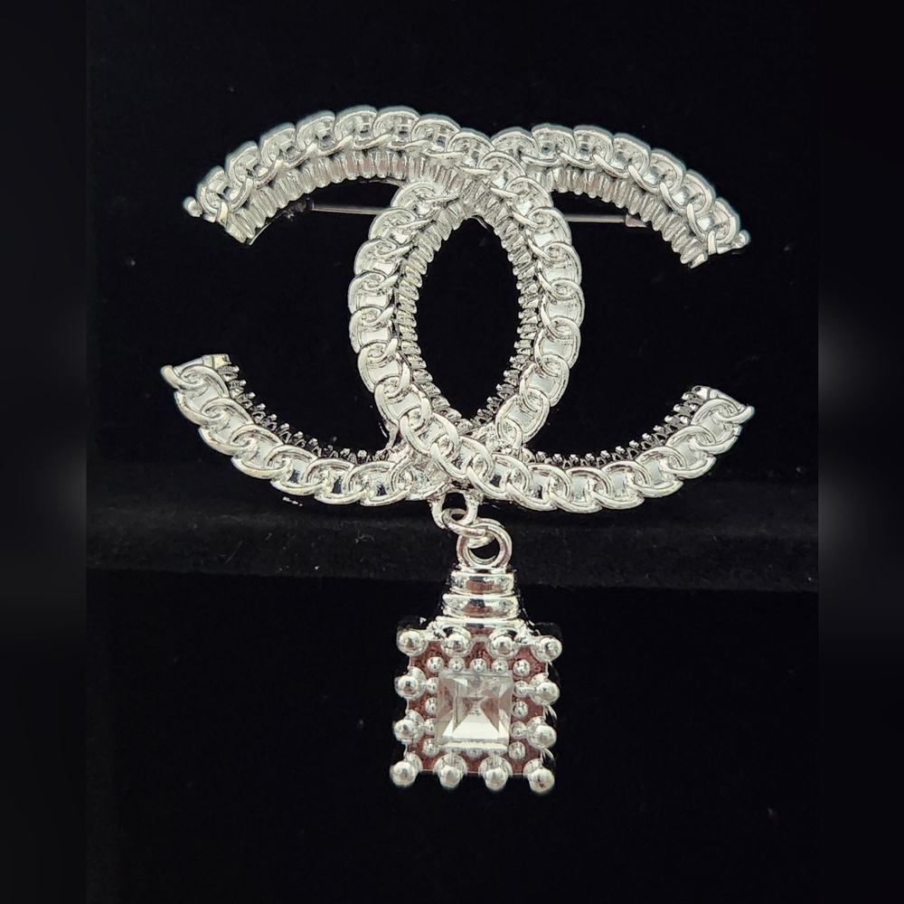 CC Silver with Hanging Charm Brooch